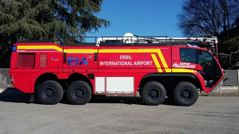 SUPERDRAGON X8 이라크 Erbil International Airport 납품 사진, 측면, 차체에 ERBIL INTERNATIONAL AIRPORT 표기